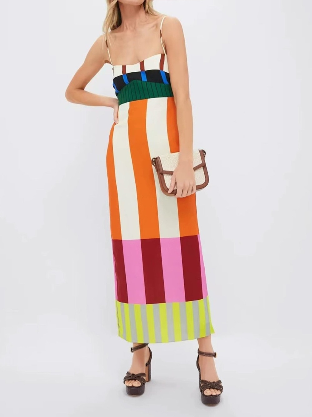 Color-Block Striped Spaghetti Strap Midi Dress